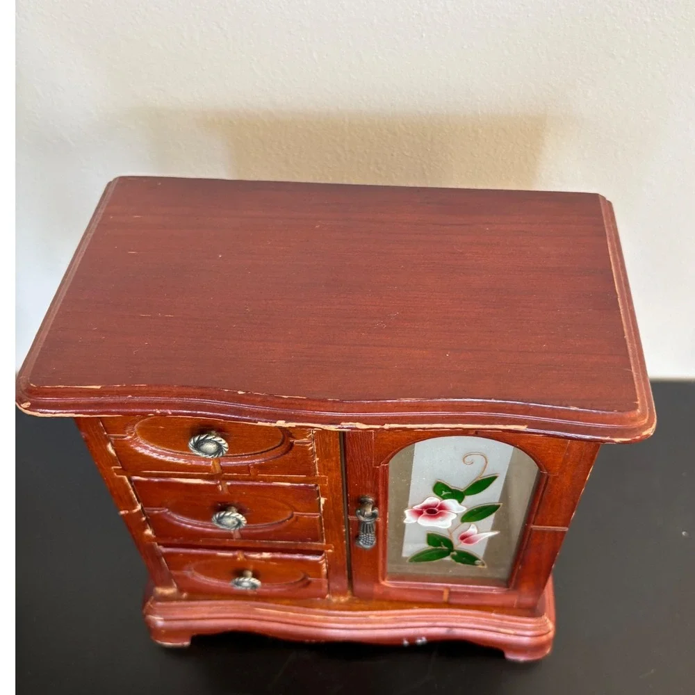 Vintage King Wood Co Wooden Jewelry Box 3 Drawers Mirrored Door Numbered‎